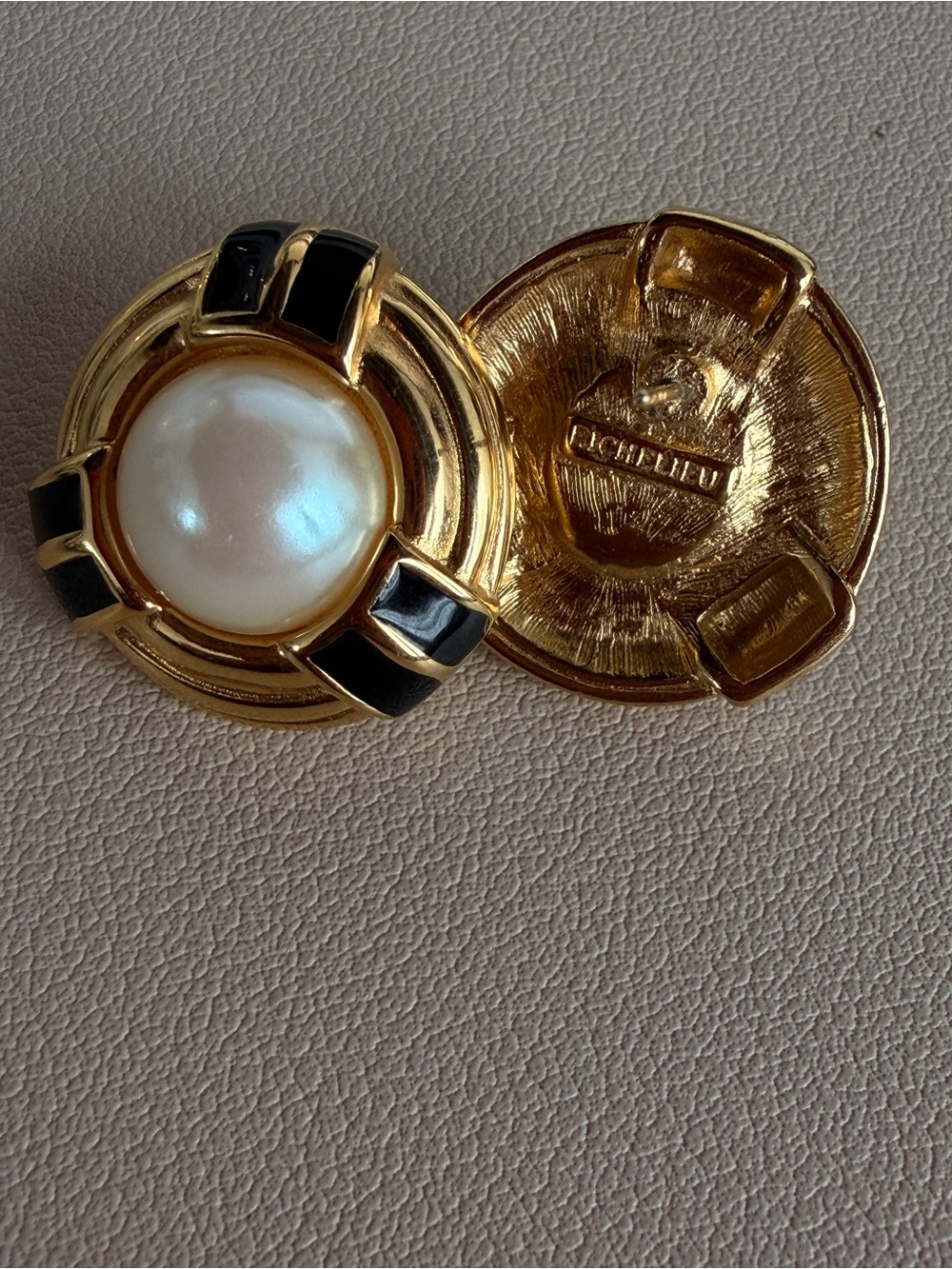 1980s Gold-Tone Faux Pearl Clip Earrings with Black Enamel Accents